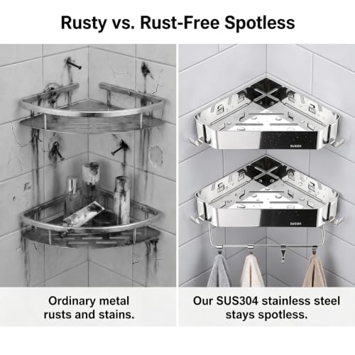 2 Pack Corner Shower Caddy Stainless Steel Adhesive or Drill Mount Bathroom Organizer
