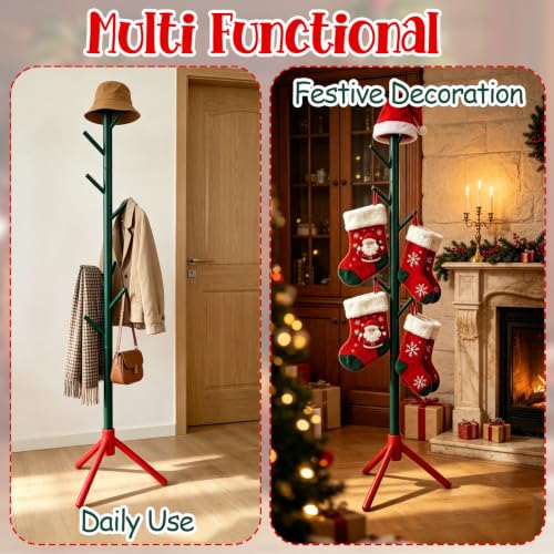 Christmas Stocking Holder Stand with 7 Hooks - Wooden Holiday Floor Rack
