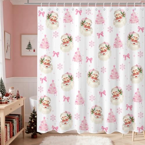 Christmas Shower Curtain Pink Bow Santa Snowflake 72x72 Inch Waterproof Holiday Bathroom Decor - Pink1