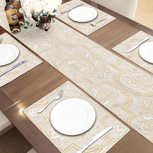 Damask Jacquard Table Runner Beige Gold 13x108 Inches Elegant Decor