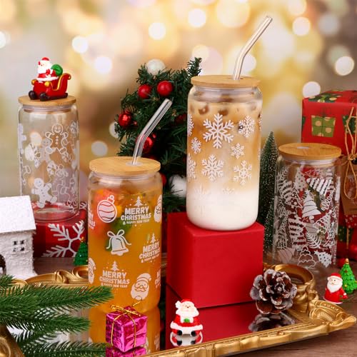 Christmas Glass Cups with Lids and Straws 16oz - Holiday Coffee Mugs Set
