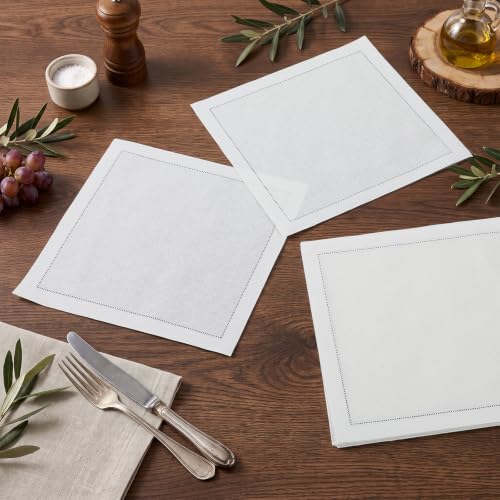 8 Pack White Linen Cocktail Napkins for Weddings & Bars - Elegant Cotton Cloth