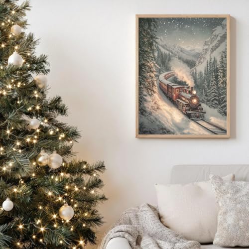 Vintage Christmas Train Wall Art Canvas Print Snowy Mountain Scene 14 x 11