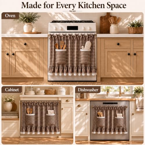 Farmhouse Tie Top Oven Skirt Curtain with Pockets - Brown