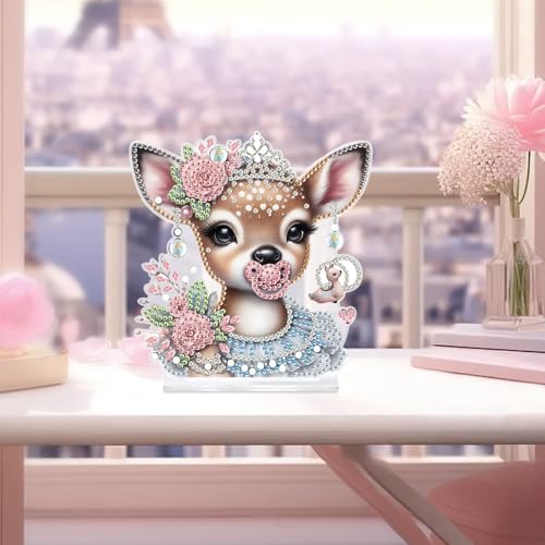 DIY Diamond Painting Deer Ornament Kit with Pink Rose Crown - Tabletop Decor