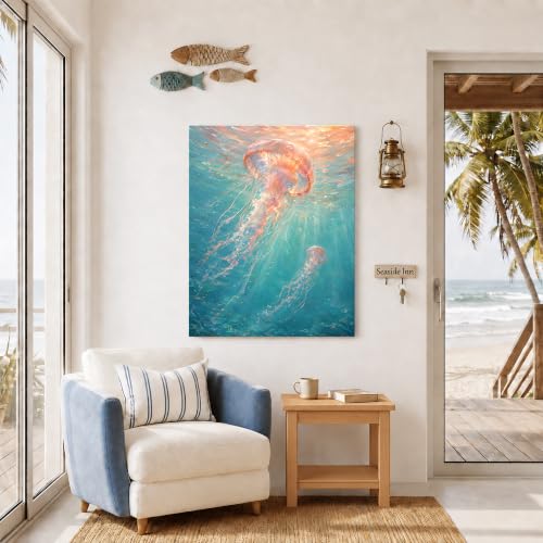 Pink Coastal Wall Art - Underwater Pink Jellyfish Canvas, 24x30 Inches