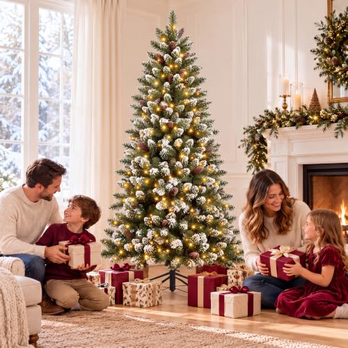 6FT Pre-Lit Snow-Dusted Pencil Christmas Tree with 300 Warm White LEDs