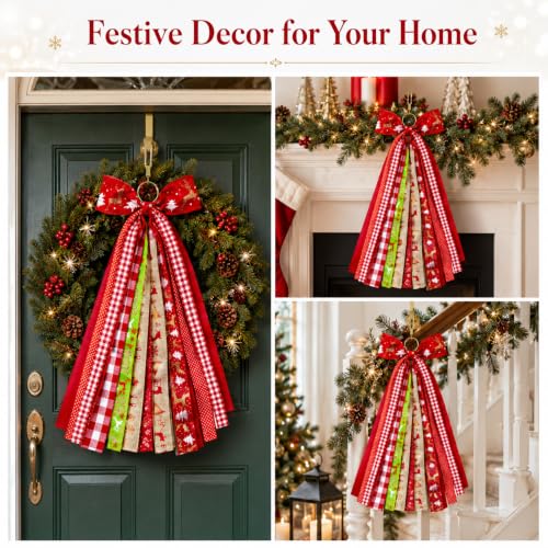 Red Christmas Wreath Bow Plaid Ribbon Door Swag Decor - 23.6in