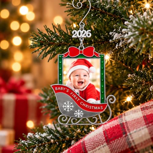 Baby's 1st Christmas Photo Ornament Set of 2 - 2026 Keepsake Sleigh Decorations with Personalizable Photo Slots