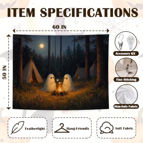 Ghost Camping Tapestry - Moonlit Forest Halloween Wall Decor 50x60in - Camping Variation
