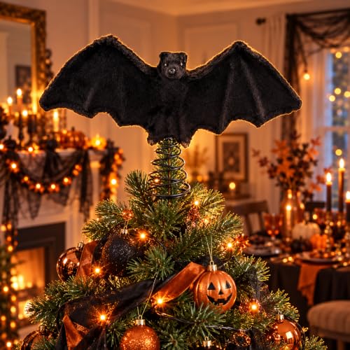 Halloween Bat Tree Topper - 10 Inch Black Plush Gothic Christmas Decoration