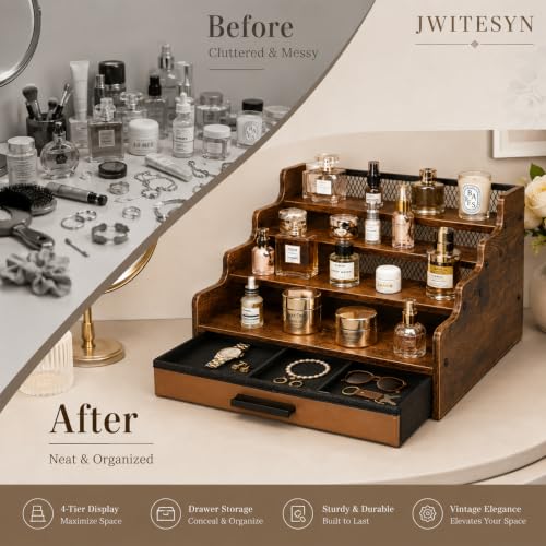 Brown Wooden 4-Tier Cologne Organizer Stand with Drawer - Square
