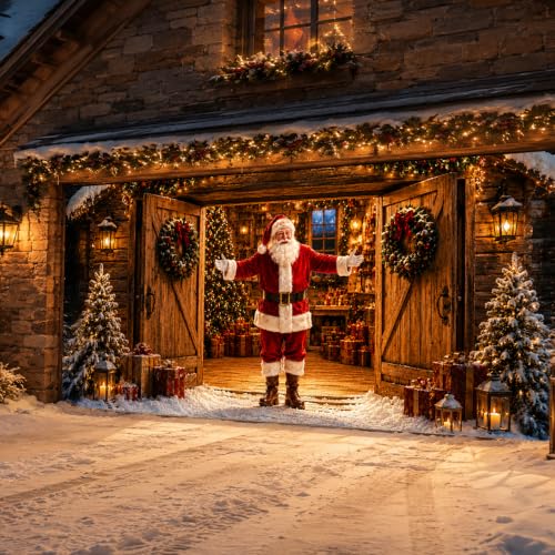 Christmas Garage Door Cover Decorations Santa Welcomes You Home Banner - 16x7 ft, Outdoor Weather-Resistant Fabric, Complete Hanging Kit Included