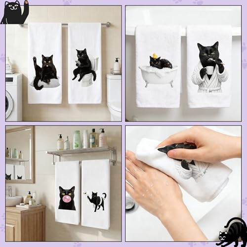 Black Cat Hand Towels 6 Pack - Decorative Microfiber Kitchen & Bathroom Cloths