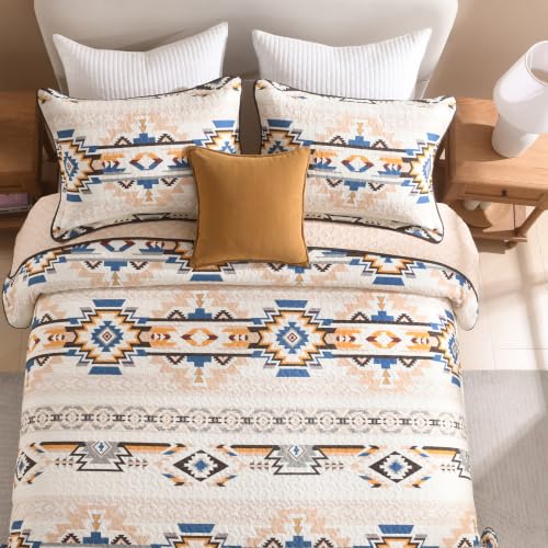 Queen Cotton Quilt Set with Reversible Bedspread Aztec Pattern - All Season Bedding