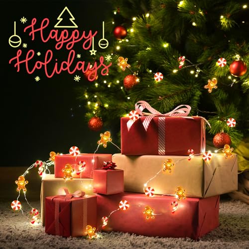 Battery-Operated Christmas Lights 16ft Gingerbread & Candy Cane Ornaments, 40 LEDs Timer
