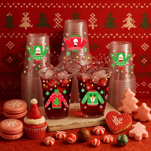Ugly Sweater Christmas Plastic Cups 50 Pack 12oz Party Supplies - Light Strip Printed