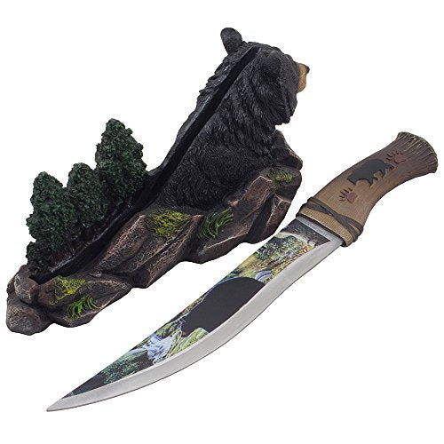 Decorative Black Bear Hunting Knife with Display Stand for Rustic Cabin Decor