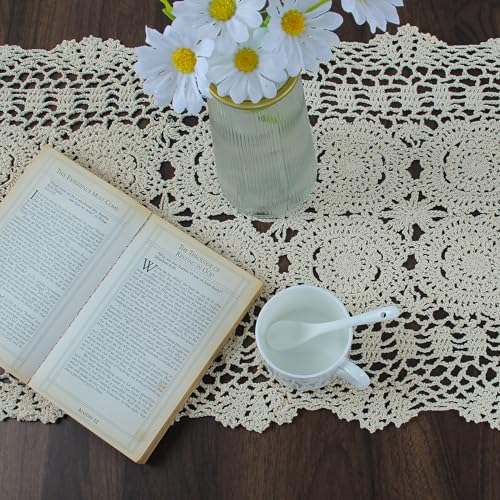 Kilofly Handmade Crochet Cotton Lace Table Runner - Beige 15.7 x 43.3 Inch