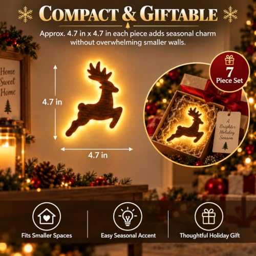 7 Pcs LED Reindeer Wall Decor Set with Warm White Backlit Silhouette Holiday Display
