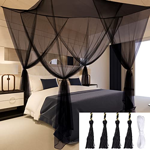 Mingzhe Bed Canopy Curtains for Queen King Size Bed Black - 4 Doors, Polyester, Easy Install