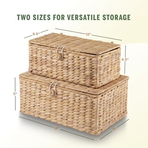 Water Hyacinth Wicker Storage Baskets with Lids - Set of 2 Decorative Boxes