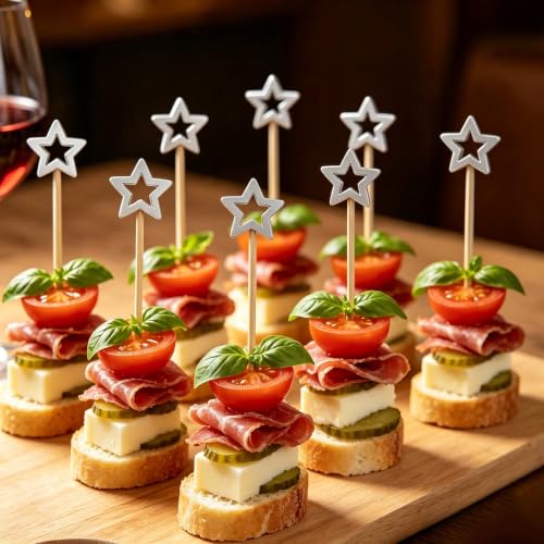 Silver Hollow Star Cocktail Picks 120Pcs for Fruit & Dessert Decoration
