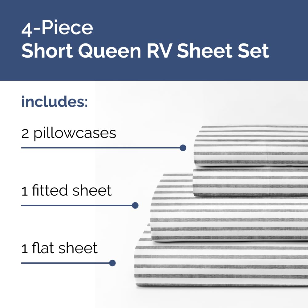 Short Queen Size 4 Piece Sheet Set - RV Short Queen, Soft, Breathable & Cooling Bed Sheets Set w/ Deep Pockets - Hotel Luxury Bedding for Women, Men, Kids, Teens, Boys & Girls, Oeko-Tex - Grey Stripes