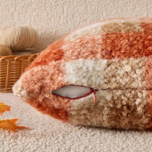 Fall Plaid Pillow Covers Set of 2 18x18 Inches Boucle Orange Rustic Farmhouse