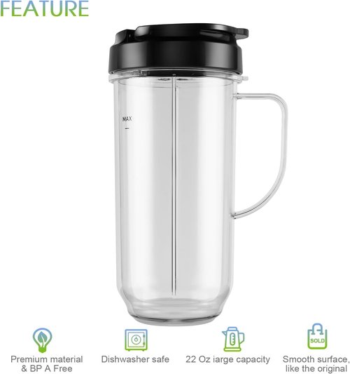 Magic Bullet Blender Cups - 5-Piece Set with 22oz Tall Cup, Flip-Top Lid & Cross Blade | Replacement Parts