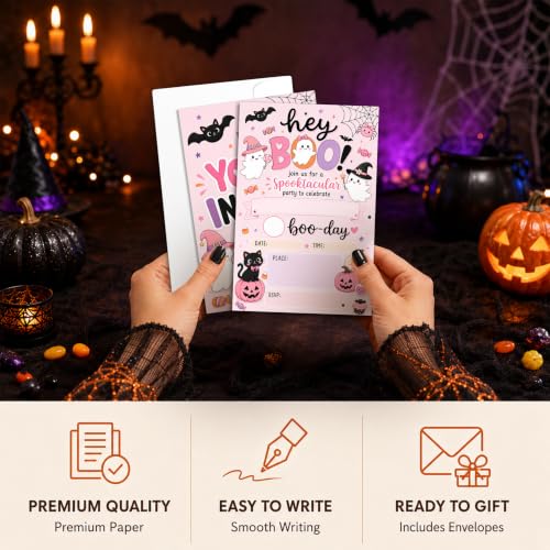 Pink Boo Ghost Halloween Birthday Party Invitations - 20 Pack with Envelopes