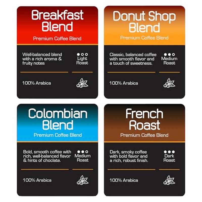 Roast Ridge Single Serve Coffee Pods for Keurig K-Cup Brewers, Variety Pack, Light Roast, Medium Roast, Dark Roast, 100 Count (25 each: Breakfast Blend, Donut Shop, French Roast, Colombian)