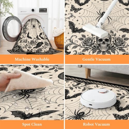 Dark Gothic Crow Spider Area Rug 3x5 ft Vintage Skull Hourglass Floor Mat Pattern 3