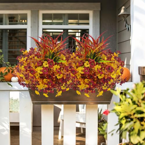 Artificial Fall Flowers Set - UV Resistant Autumn Mums for Outdoors, 12 Bundles Fall Colors