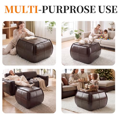 Dark Brown Square PU Leather Ottoman Pouf 21x15 Inch Handmade Foot Stool