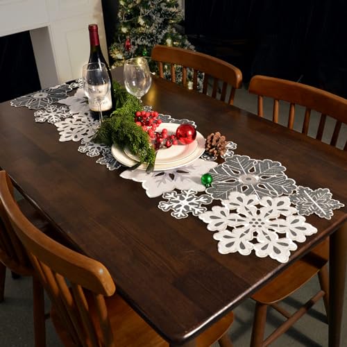 Snowflake Embroidered Table Runner - Gray Silver Winter Holiday Decor 14x34 inches