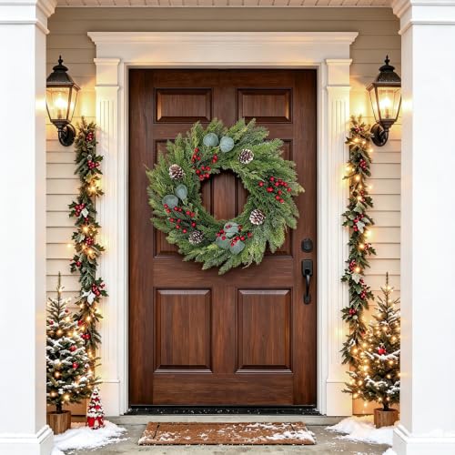 Christmas Wreath 24 Inch with Cedar Pine Foliage, Red Berries & 8-Function LED Lights - Red Green / 1 Pcs