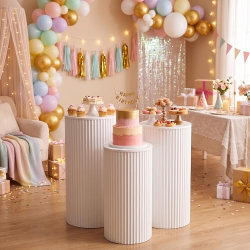 Small Round Pedestal Stands for Parties - White Metal Cube Display Pillars