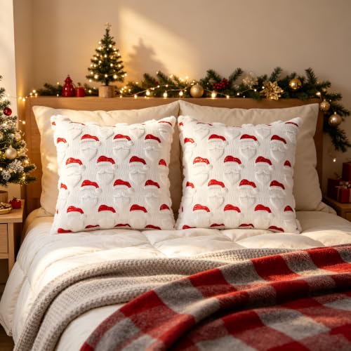 Christmas Santa Pillow Cover Set of 2 - 18x18 Inch Faux Fur & Embroidery Holiday Decor