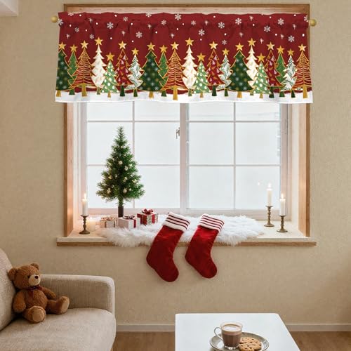 Christmas Window Valance 54x18 Inch Red Snowflakes & Trees Festive Curtain Pack of 1