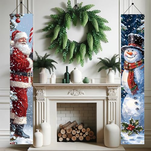 Christmas Porch Banner Santa and Snowman Set 71x12 Inch Holiday Door Decorations