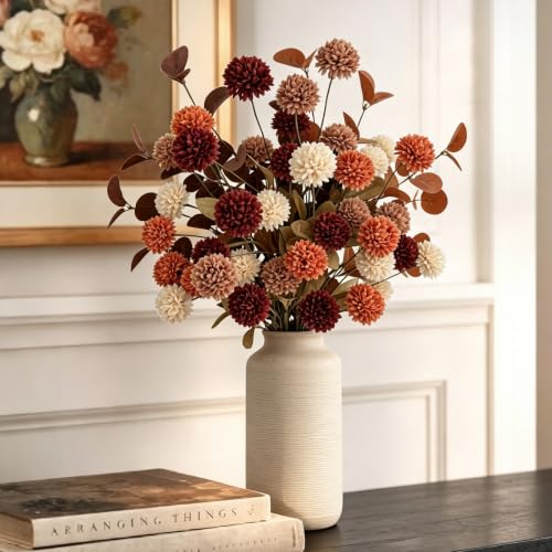 Fall Flowers Artificial Bouquet - 10 Pcs Fall Mums & Eucalyptus Stems - Autumn Home Decor