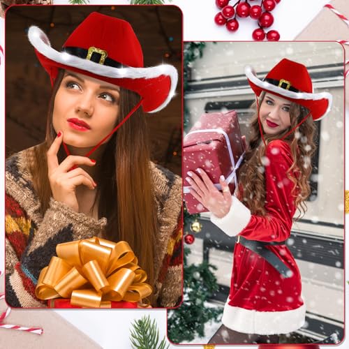 Suhine Christmas Cowboy Hats Light Up Santa Claus Cowgirl Hats Bulk - 18 Pack