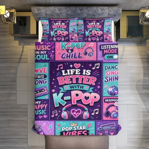 Kpop Music Love Life Better With Kpop Duvet Cover Set Queen Size 90x90 - 3 Piece with Pillowcases