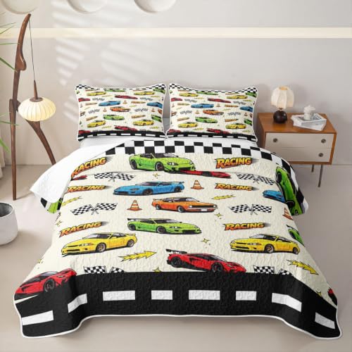 Racing 05 Twin Size Quilted Bedspread Set - Black White Checkered Coverlet with Pillow Sham