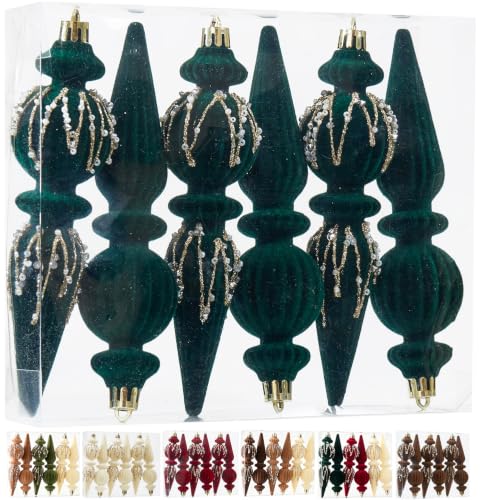 Dark Green Velvet Christmas Ornaments Set - 6 Shatterproof Plastic Holiday Balls