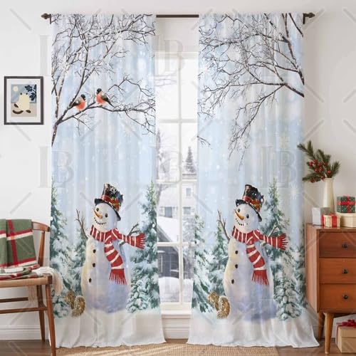 Christmas Snowman Sheer Curtains 52x63 Inches - 2 Panels Winter Decor