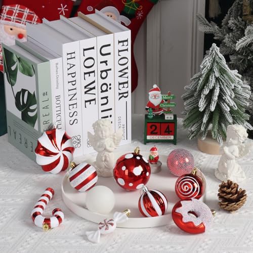 Red & White Christmas Ornaments Set - Candy Cane & Donut Theme, 105 Pcs