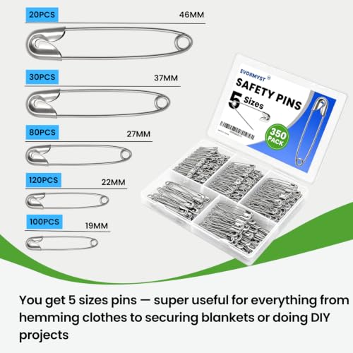 Heavy Duty Safety Pins 350 Pack Assorted Sizes for Clothing Repair and Crafts