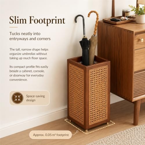Plastic Rattan Umbrella Stand for Entryway, Tall Square Holder Basket with Drip Tray